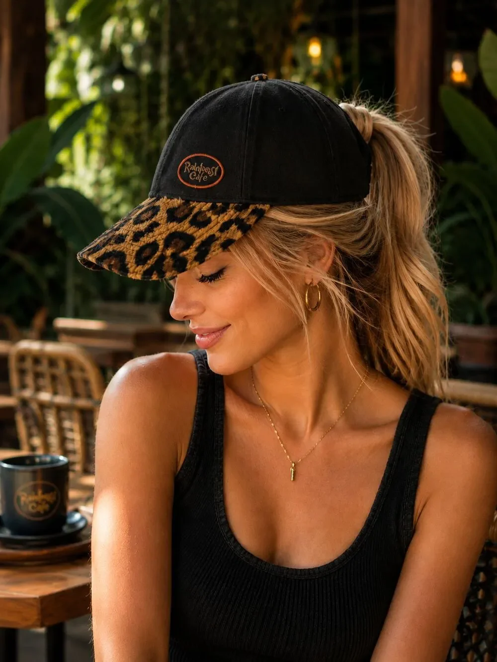Vintage Rainforest Cafe Orlando Leopard Print Brim Black Baseball Cap Hat